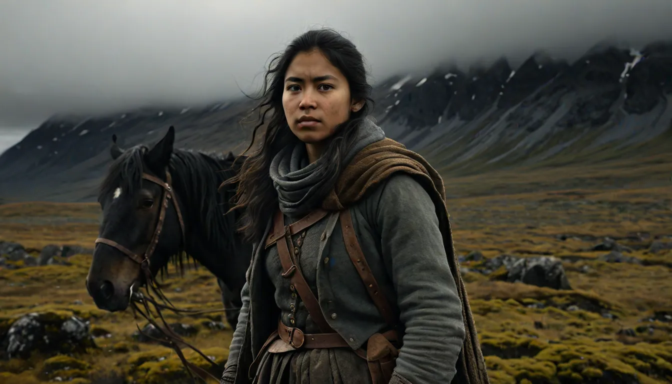 Tala Cruz Magellan, a fictional protagonist. A near 20-year-old woman with a dark (morena) complexion in the center of the picture. She wears her long, dark hair loose and is dressed in a woodsman/ranger style. Behind her stands a black horse. The horse's head has a small white spot on its forehead. The horse's head is on the left side of the image (to her right). She holds the reins loosely (indicated but outside the frame). The landscape is rugged but green. In the background, steep mountains rise, partially shrouded in clouds. It is daytime, but the sun is not visible and there is no wind.