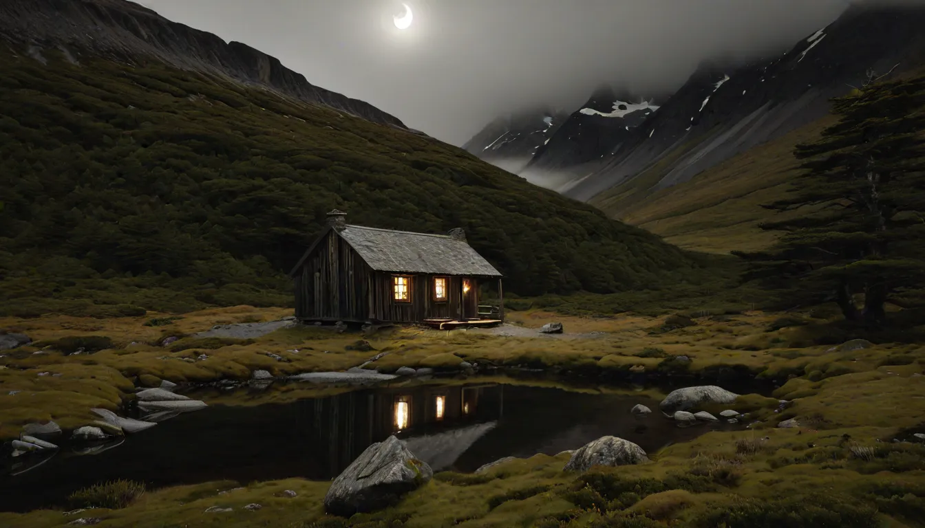 A fictional hut by a fictional pond in Patagonia/Tierra del Fuego. The cabin is illuminated. Behind it lies a green slope that descends from left to right. Further back on the right, there are mountains, some with patches of snow; their peaks are shrouded in light mist. The full moon is almost fully visible. A large pond sits in front of the cabin, with scattered large rocks along the shore. A large green tree stands at the right edge of the image. The landscape is lush and green throughout; the meadows appear to be a mix of grass and moss. Note: The full moon could also be interpreted as the sun shining through the mist, as the scene is too bright for night yet somewhat too dim for day.